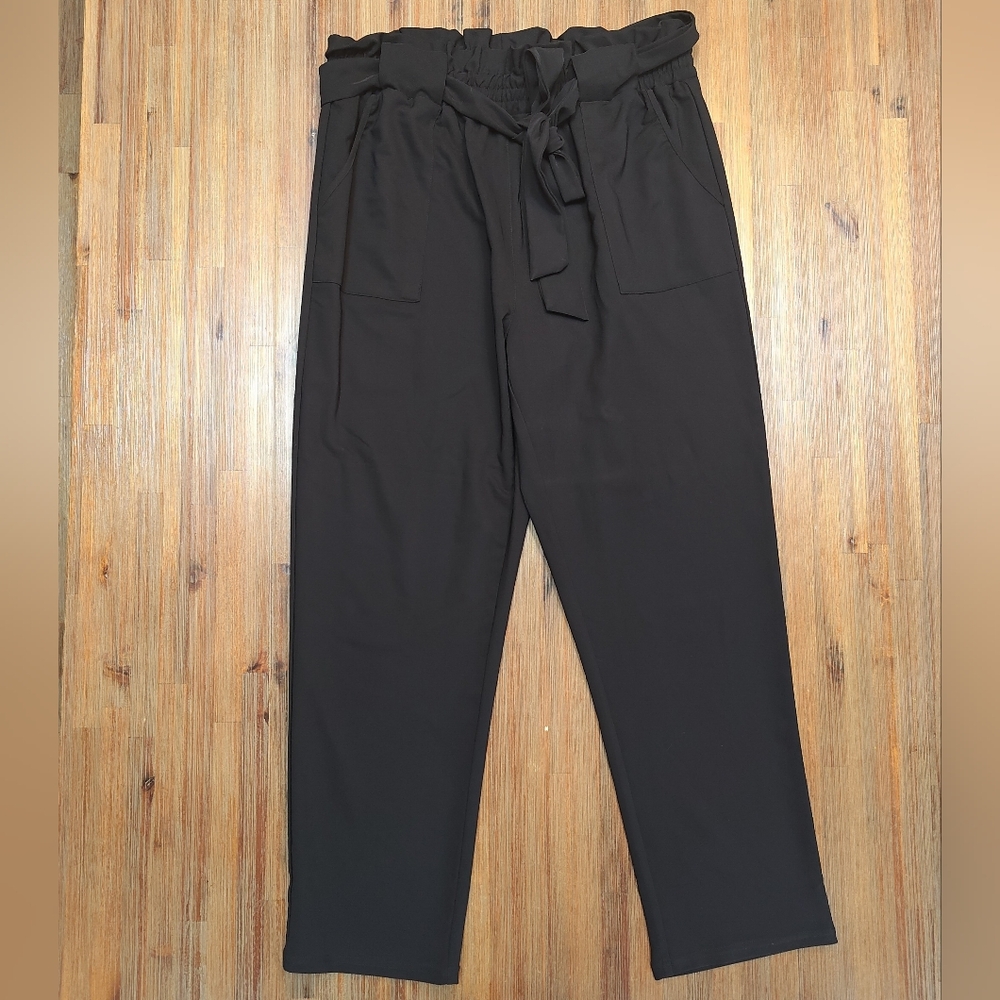 Grace Karin Paper Bag Pants Women's 2XL Black Elastic High Waist Tie Belt